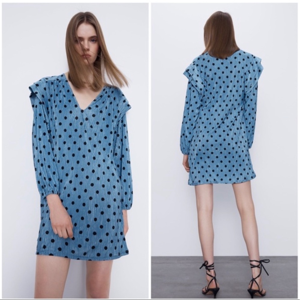 ZARA Blue Polka Dot Crinkle Puff Pleated Shoulder Long Sleeve Mini Dres Sz M NWT